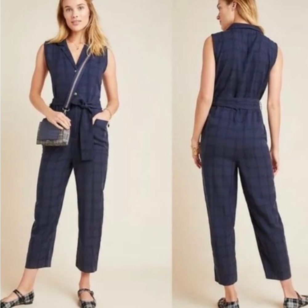Anthropologie Brielle Navy‎ Plaid Jumpsuit Women’s Size Medium